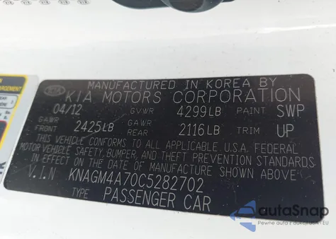 2012 Kia Optima Lx z USA, uszkodzony, nr VIN KNAGM4A70C5282702